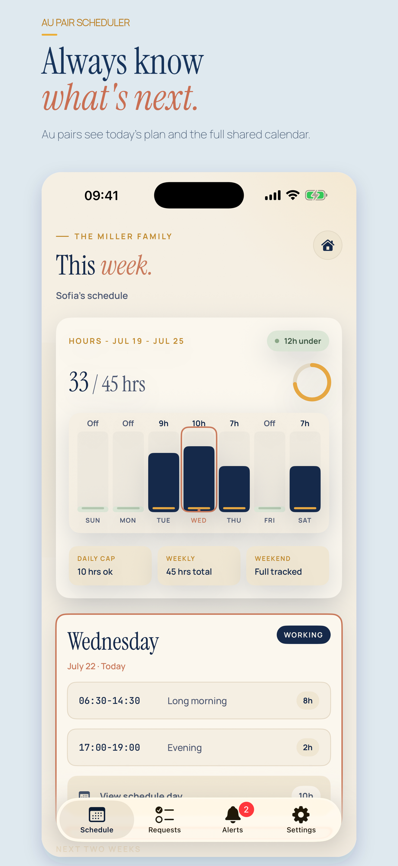 Real au pair app view showing today's plan and shared weekly calendar