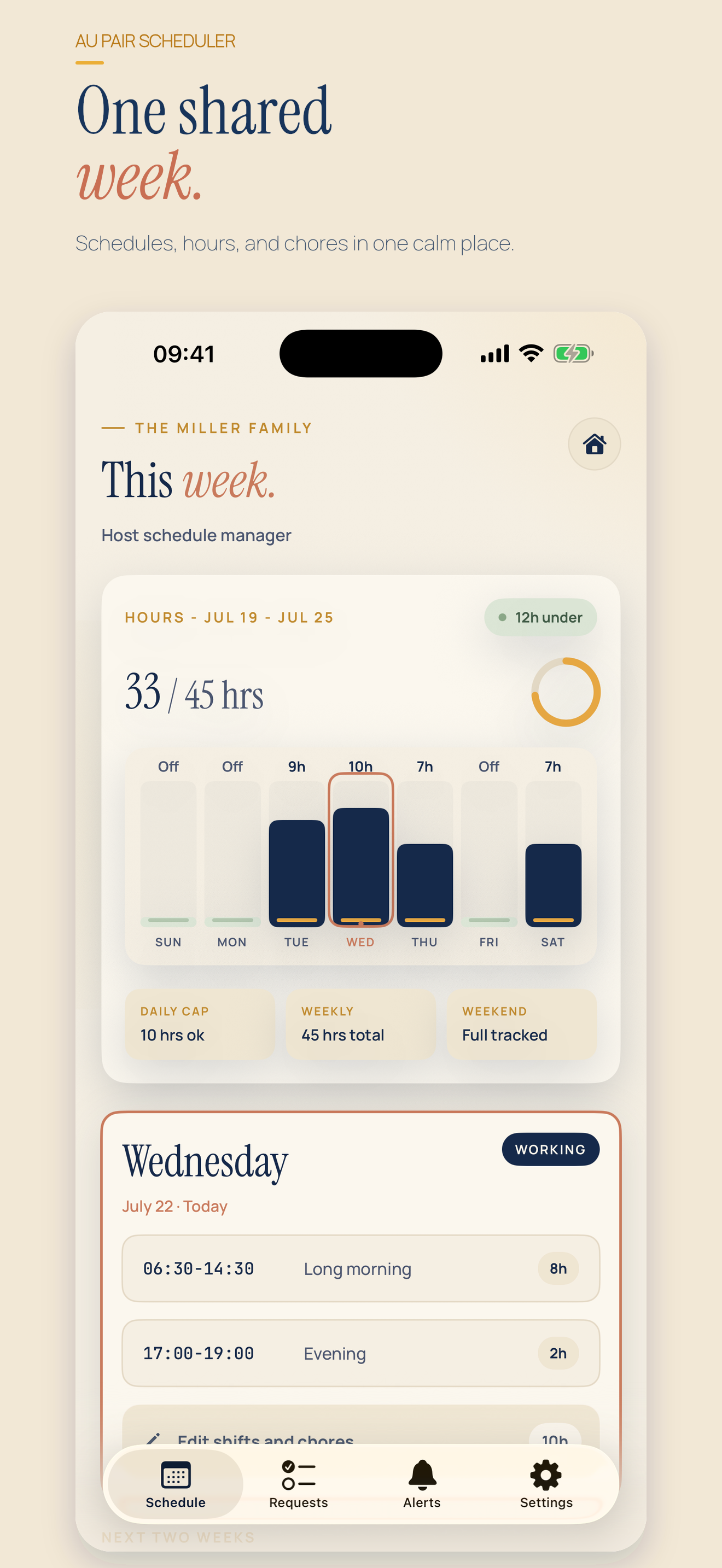 Real host family app view showing weekly hours and the selected day